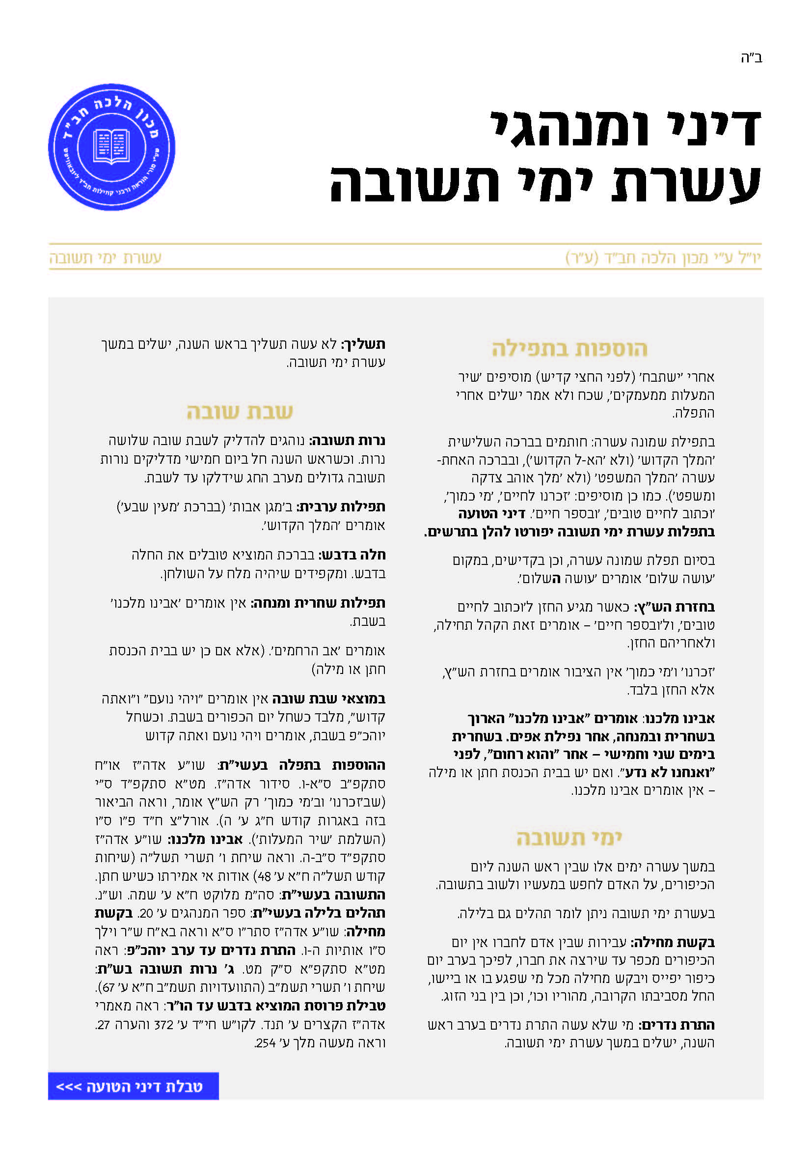 דיני ומנהגי עשרת ימי תשובה