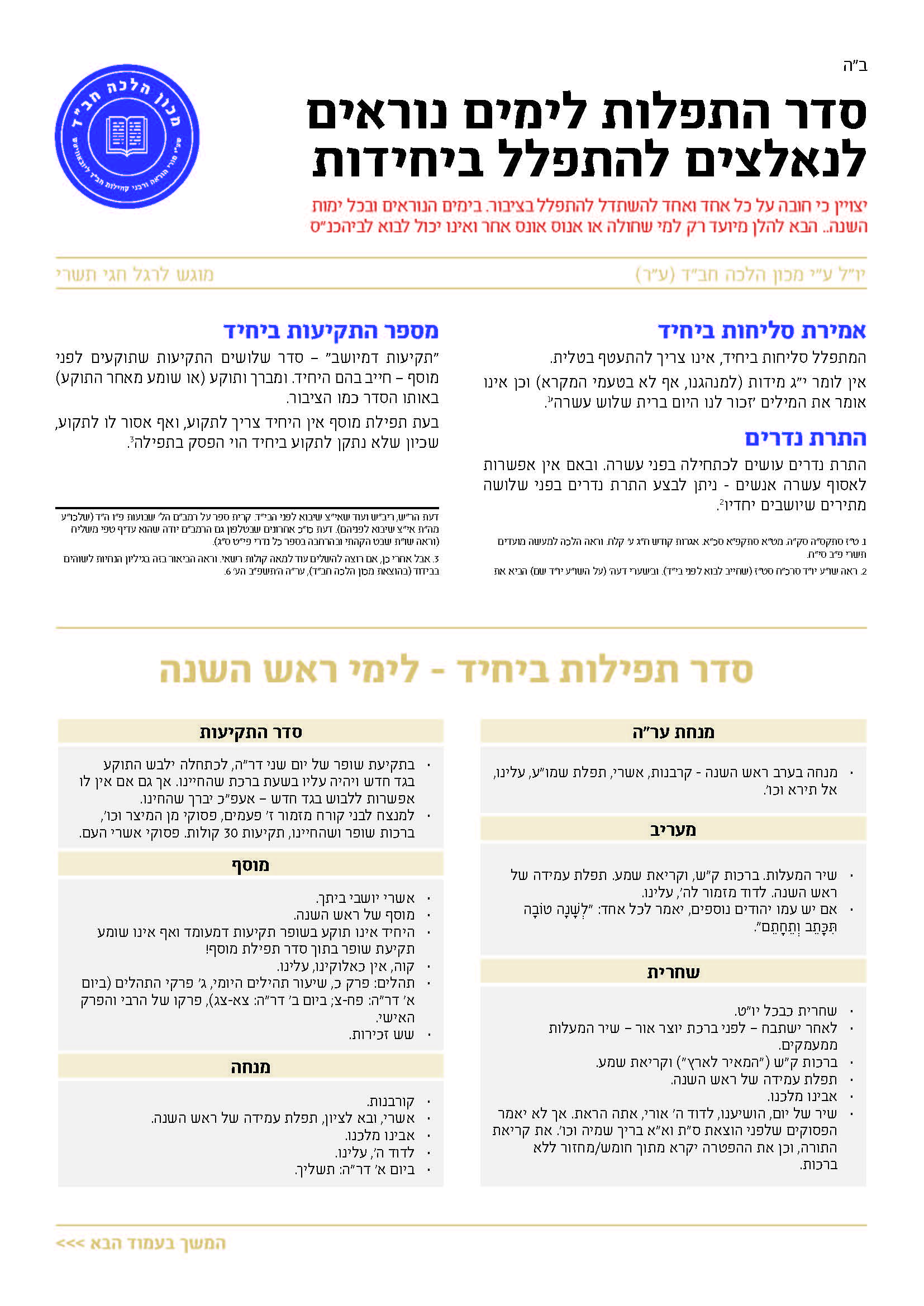 סדר התפילות לימים נוראים למתפללים ביחידות